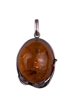 Sterling Silver Womens Amber Pendant 925 Hallmark Oval Shaped  Jewelry Vintage